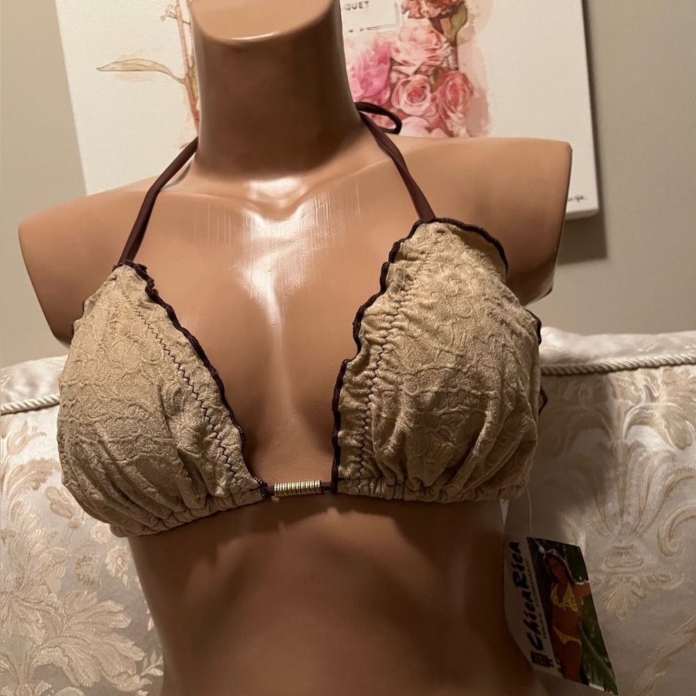 NWT Tan & Brown Faux Suede Bikini Top with Gold Metal Embellishments